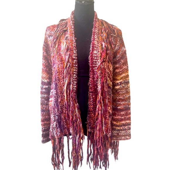 Free People Birkenstock Red Multi Boho Fringe Open Cardigan Sweater L - Picture 5 of 5